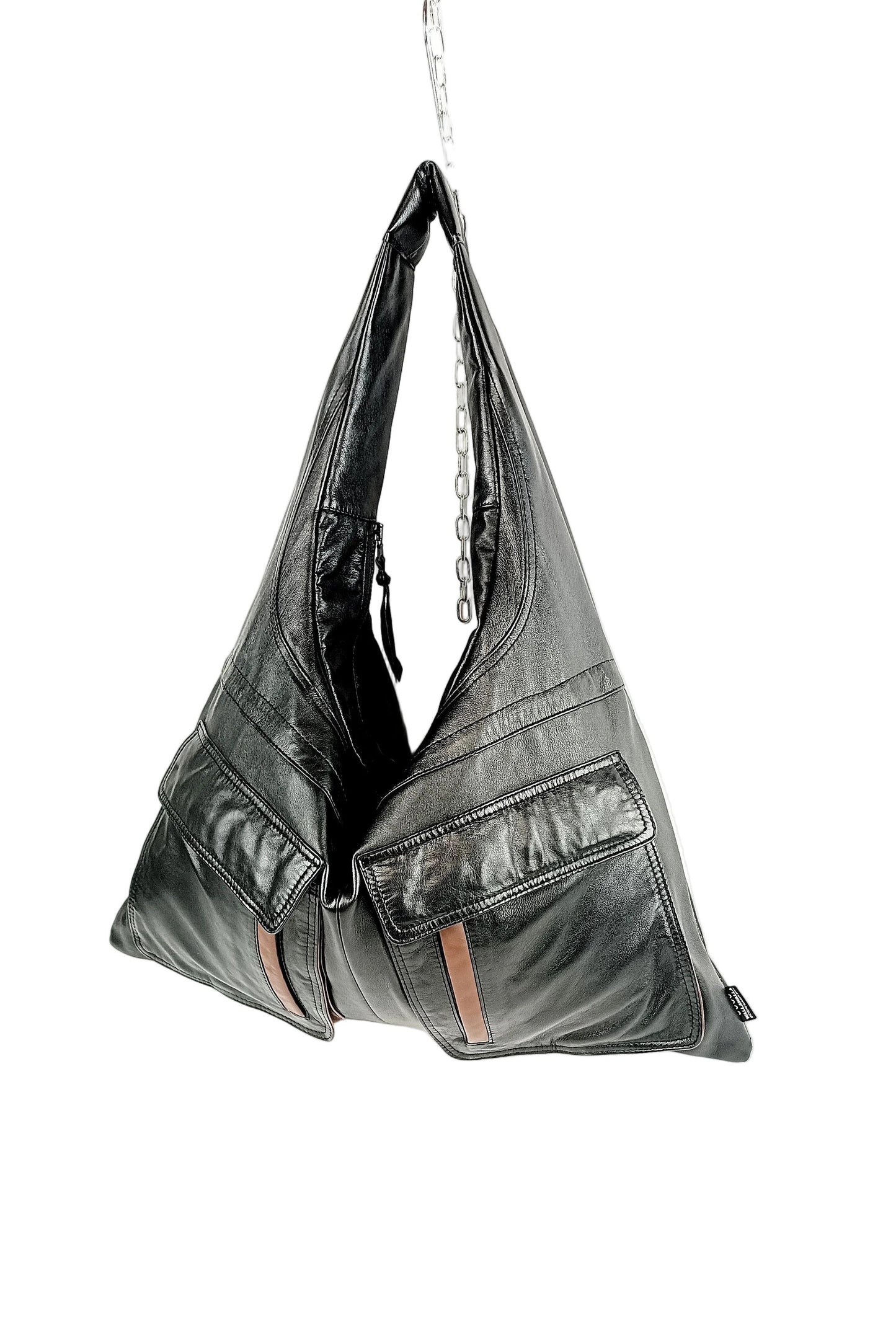 Schwarze Braune Shopper Bag aus Glattleder, handgemachtes Upcycling-Unikat von Wallawalla Berlin