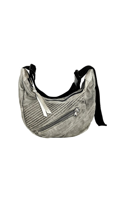 Graue Baguette Bag aus Leder, handgemachtes Upcycling-Unikat von Wallawalla Berlin