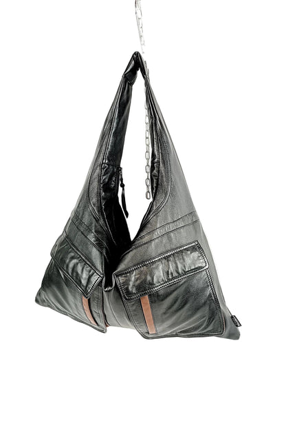 Schwarze Braune Shopper Bag aus Glattleder, handgemachtes Upcycling-Unikat von Wallawalla Berlin