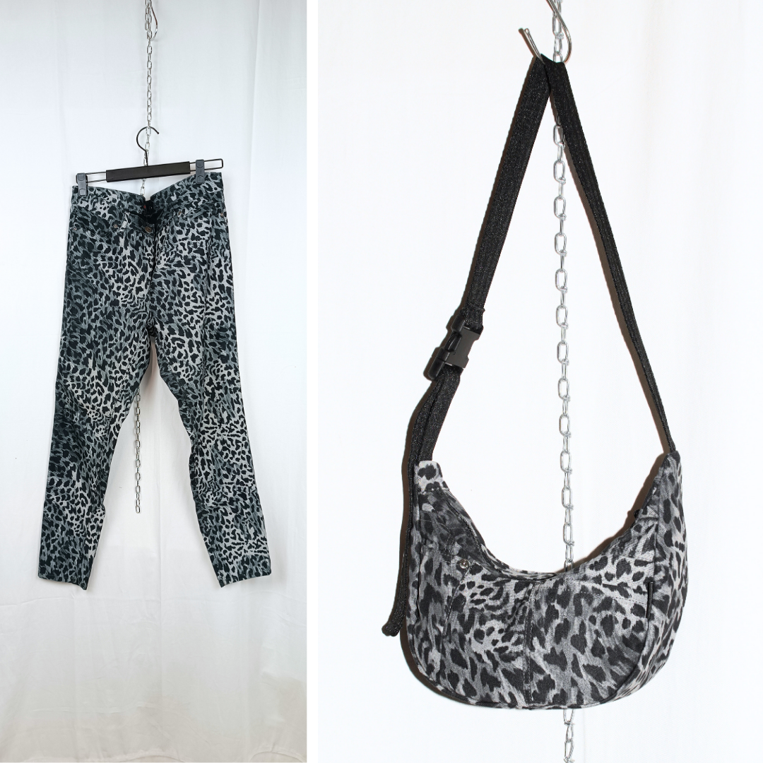 Upcycling Wunschtasche aus einer gemusterten Hose in Leo-Optik – vorher und nachher
