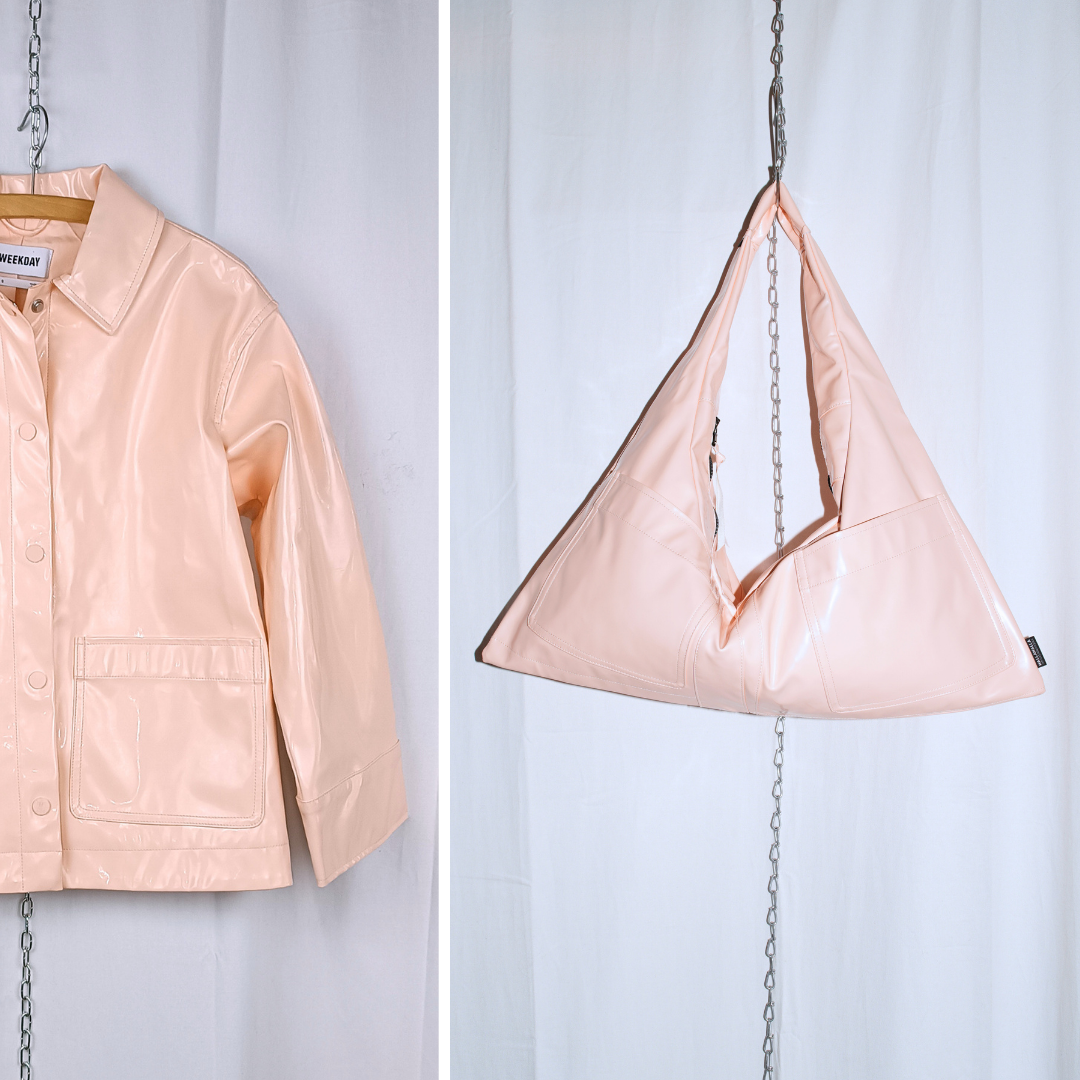 Upcycling Wunschtasche aus einer rosafarbenen Jacke in Lackoptik – vorher und nachher
