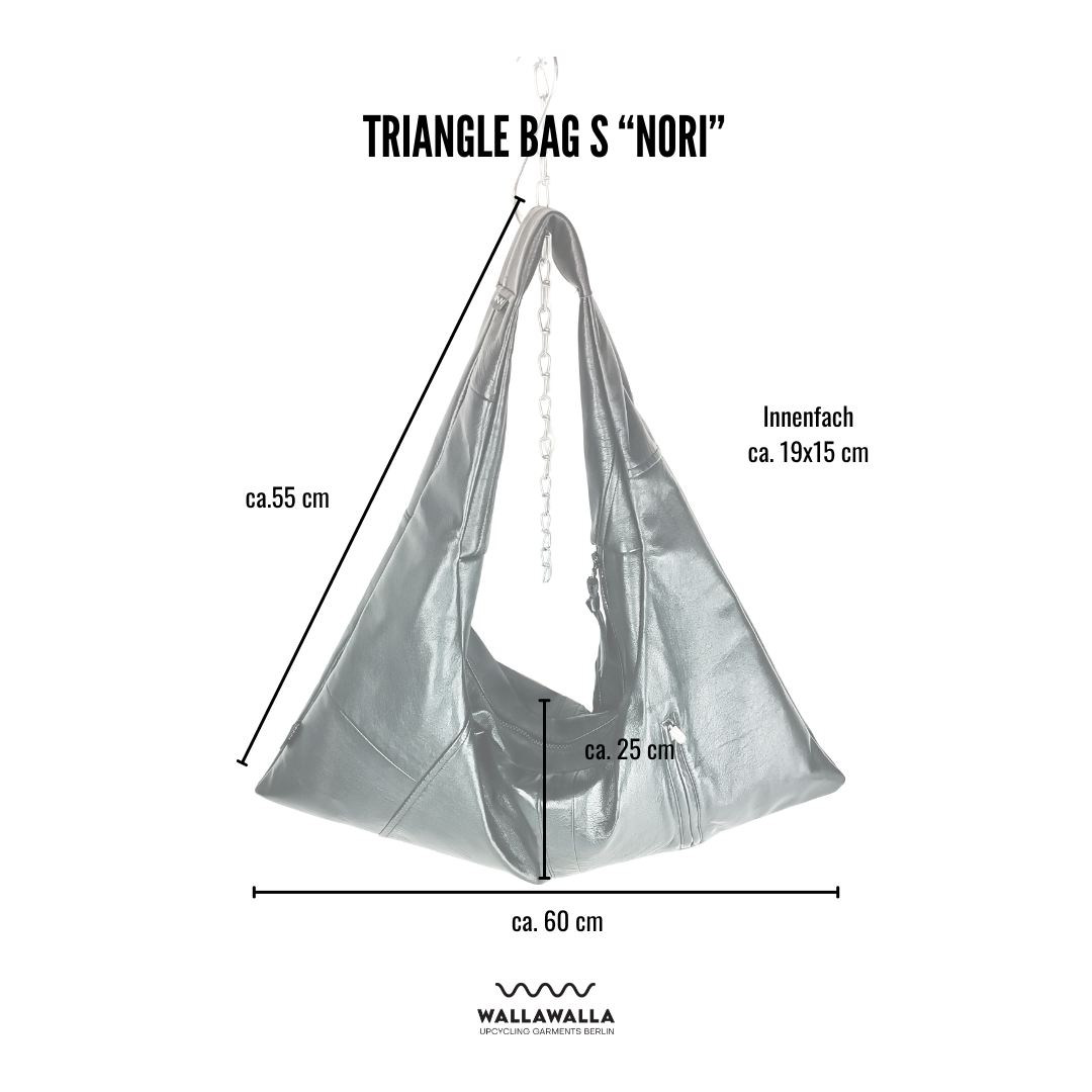 Maßgrafik der Triangle Bag von Wallawalla Berlin mit Breite, Höhe, Tiefe und verstellbarer Gurtbandlänge