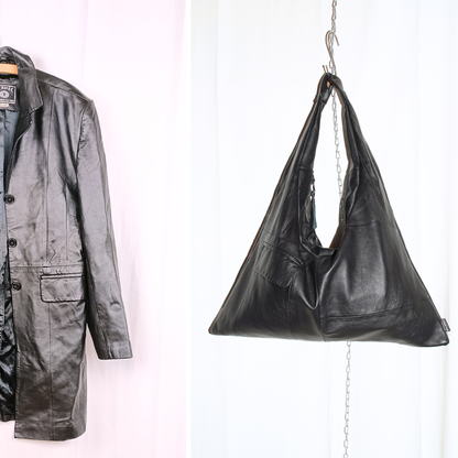 Upcycling Wunschtasche aus einem schwarzen Ledermantel – vorher und nachher