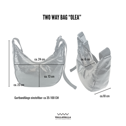Maßgrafik der Two-Way Bag von Wallawalla Berlin mit Breite, Höhe, Tiefe und verstellbarer Gurtbandlänge