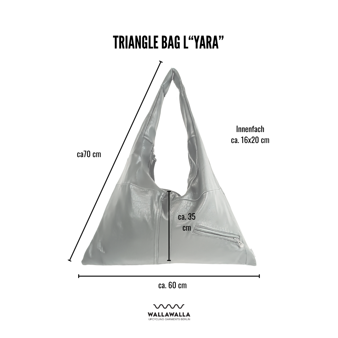 Maßgrafik zur Triangle Bag Yara Wallawalla Berlin mit Angaben zu Reißverschluss, Gurtband, Außentasche und upcyceltem Material